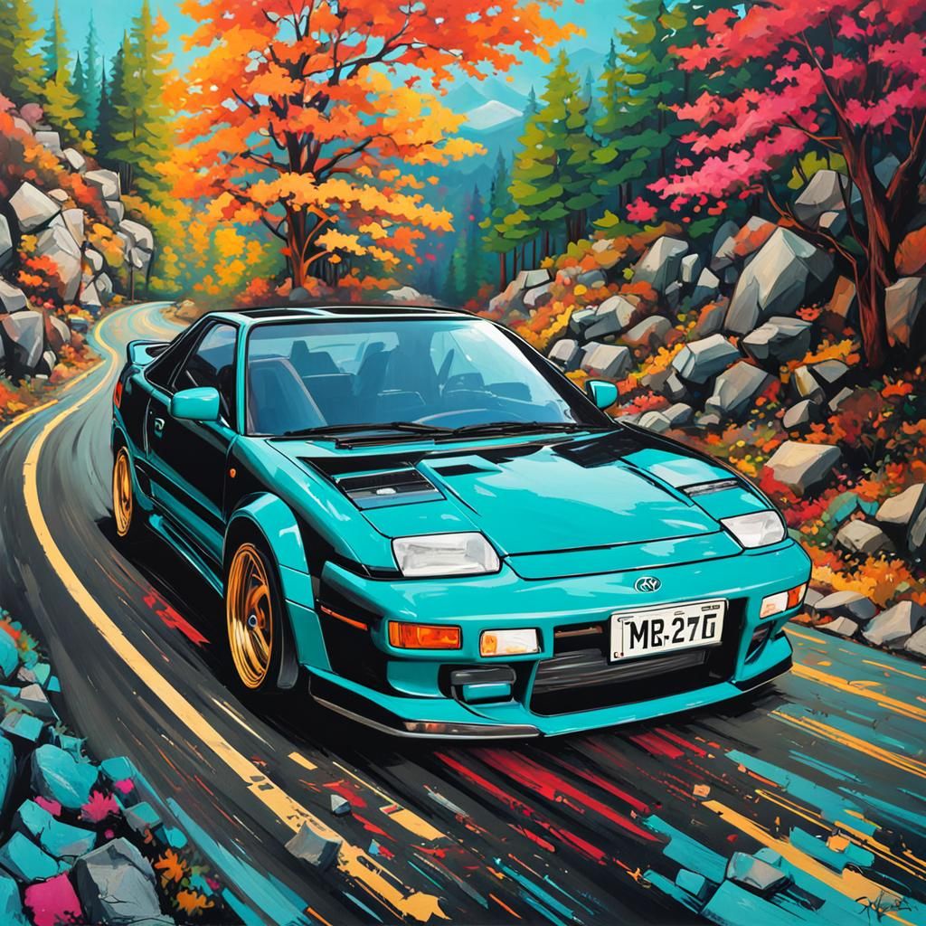 Turquoise Toyota MR2 in Graffiti Art Style