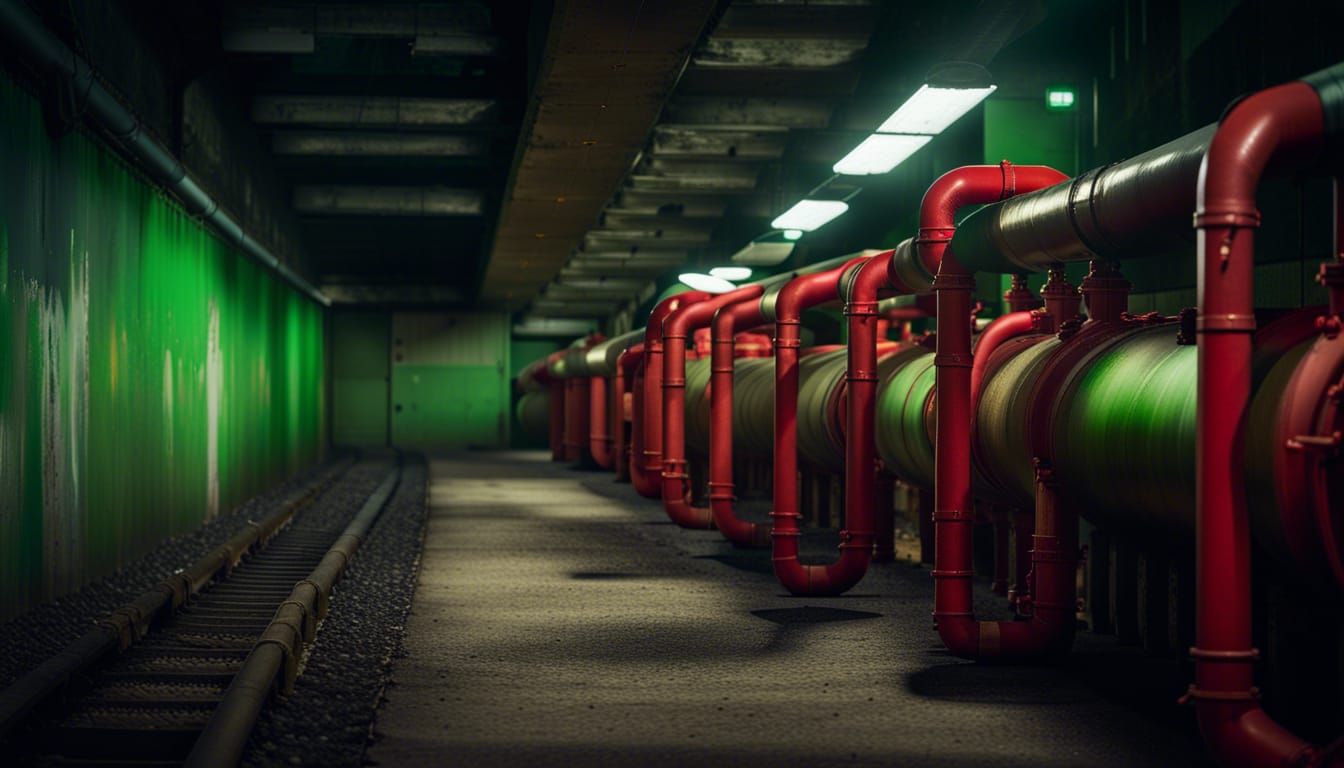 Liminal Abandoned Industrial Tunnel with Red Pipes
