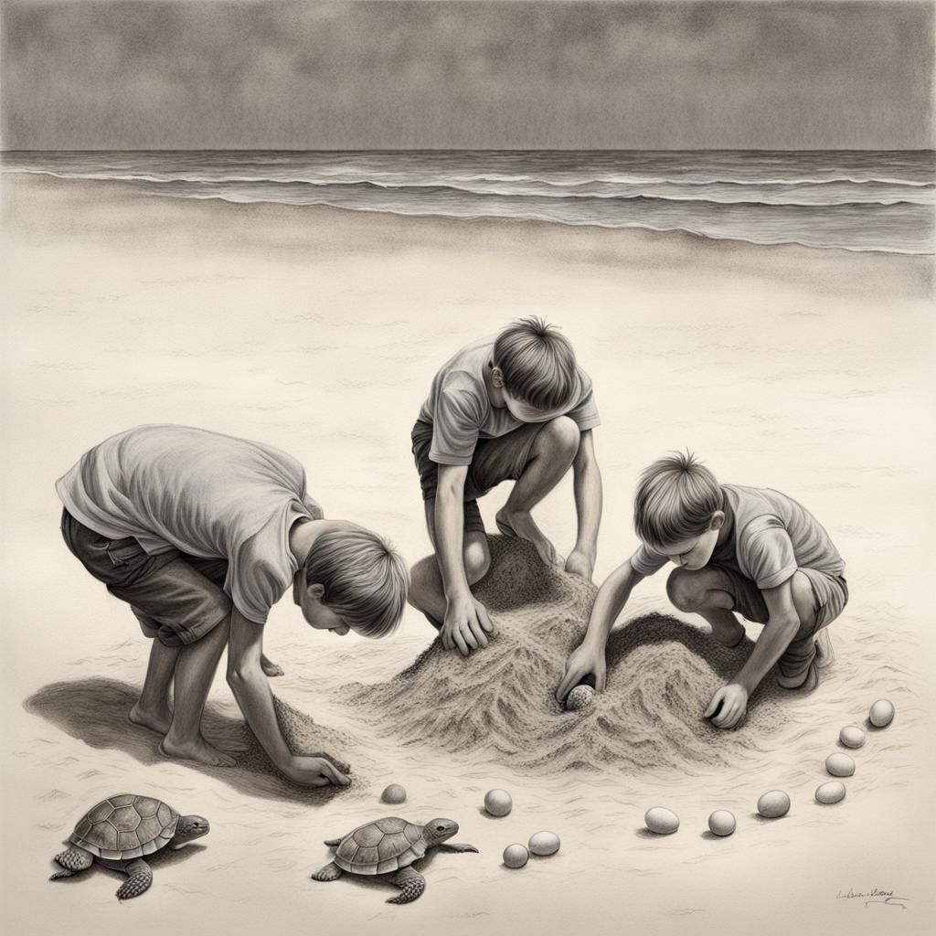 Boys Disturbing Turtle Nest: Charcoal Drawing