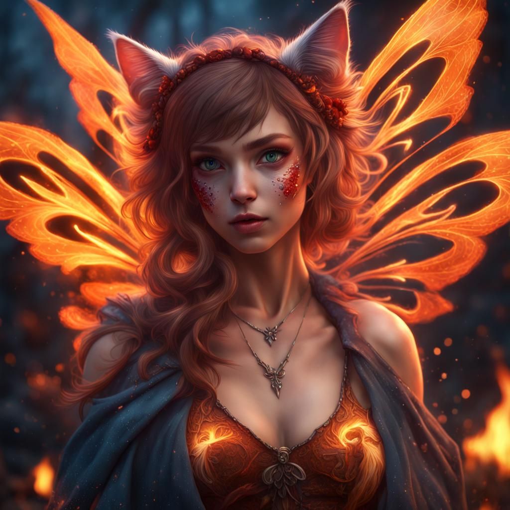 Fiery Cat-Girl Fairy: Detailed Fantasy Art