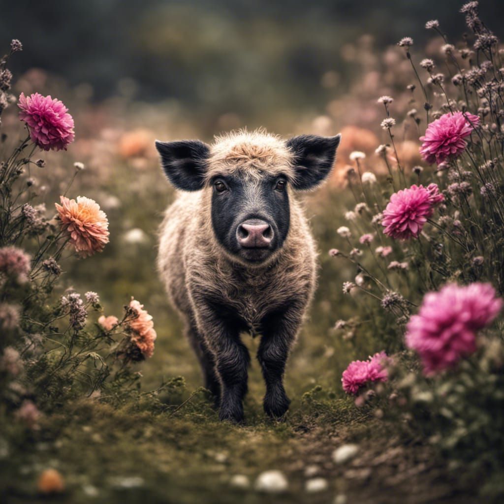 Cute Mangalica with Flowers in Hyperrealistic Style