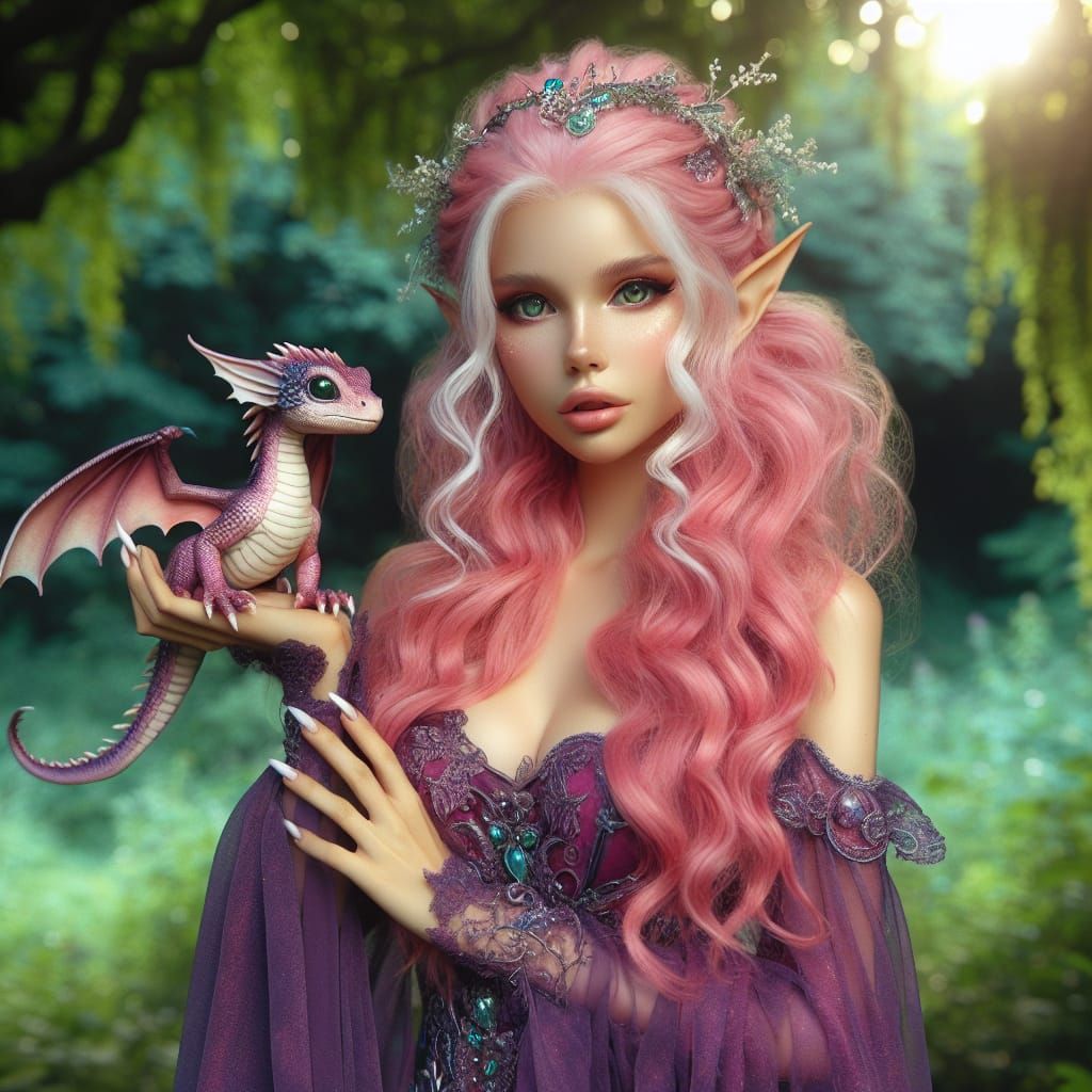 Enchanting Elf Wizard with Dragon in Forest
