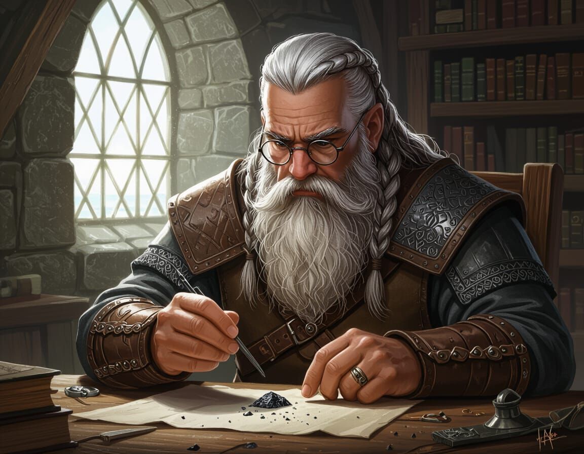 Dwarven Cleric Inspects Volcanic Steel Shard