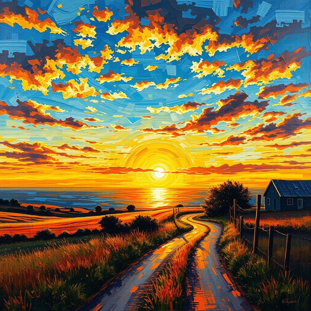 Golden Sunset Over Ocean with Textured Acrylic Strokes