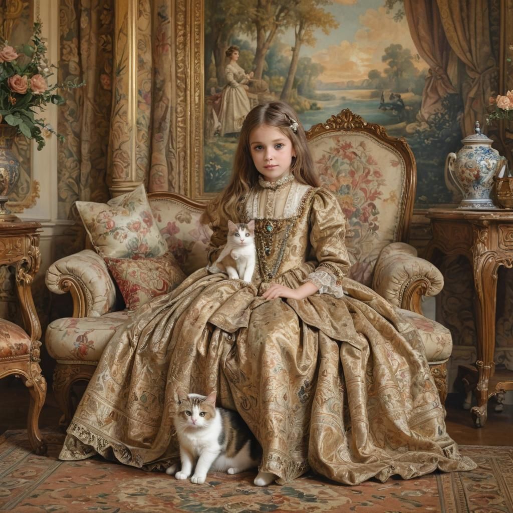 Victorian Girl and Cat in Renaissance Style
