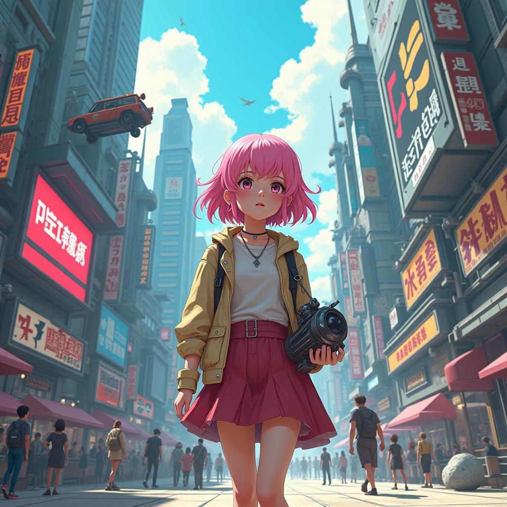 Teenage Girl in Cyberpunk Cityscape with Neon and Robots