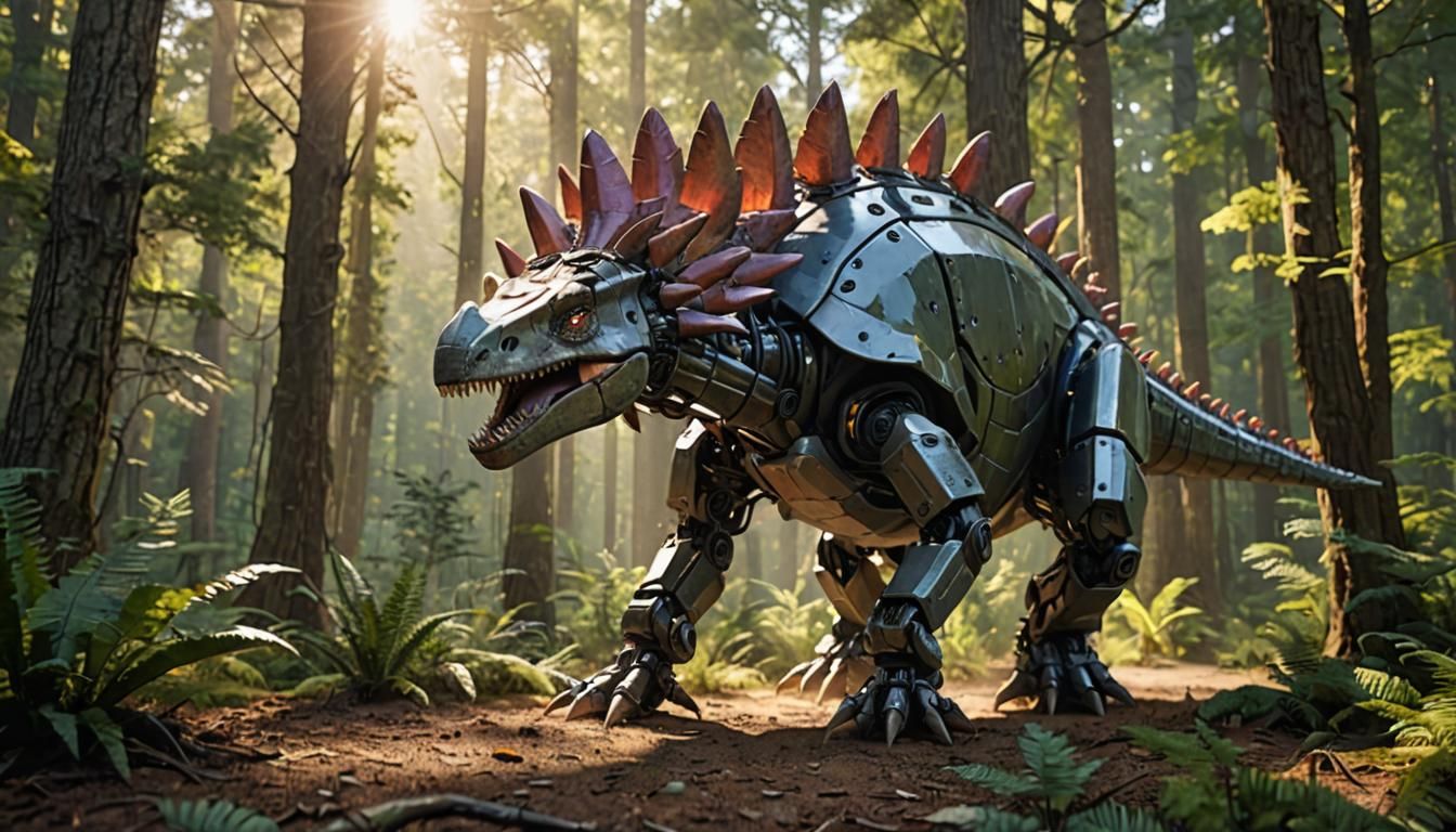 Robotic Stegosaurus in Forest with Sunlight