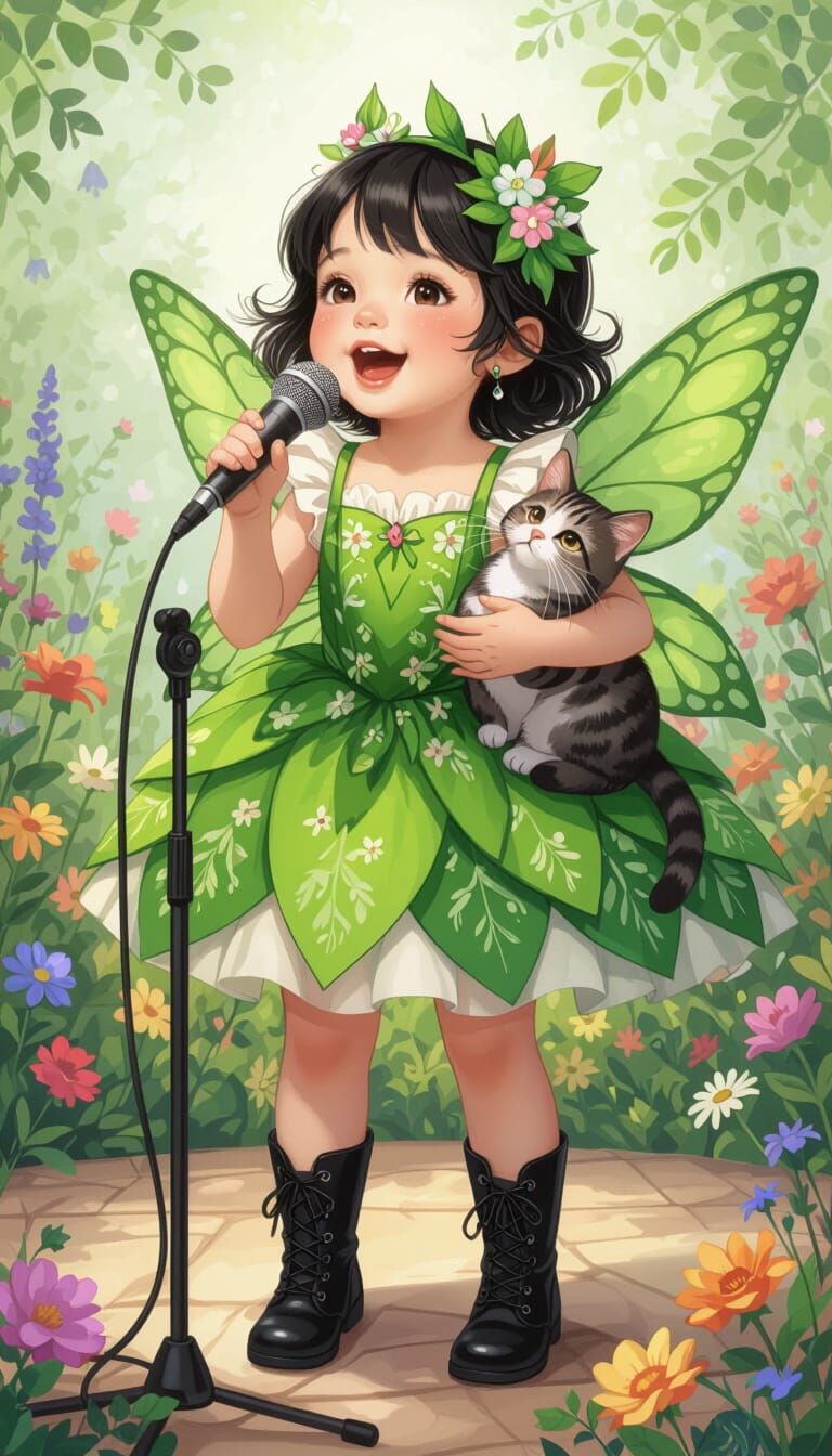 Baby Fairy Singer on Stage in Watercolor Style