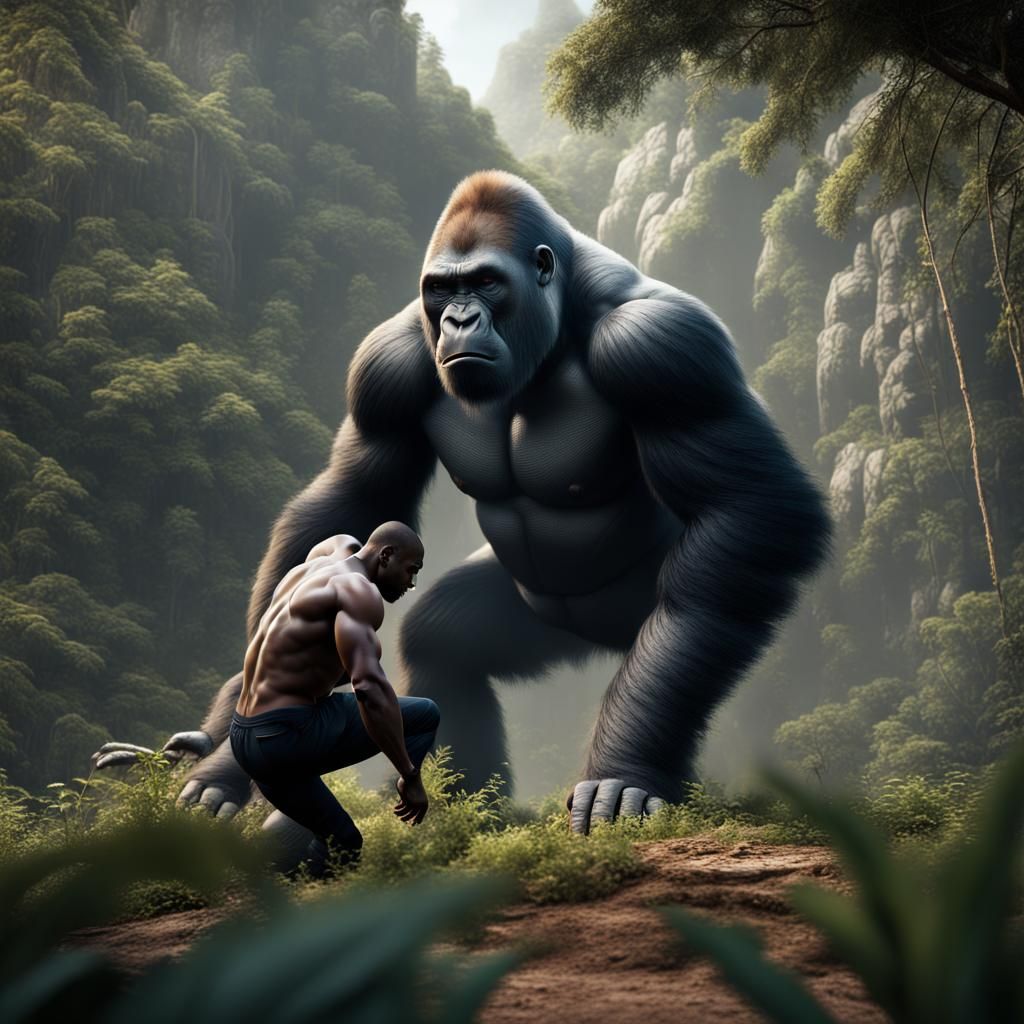 Man Training Silverback Gorilla in Ultra-Realistic Style