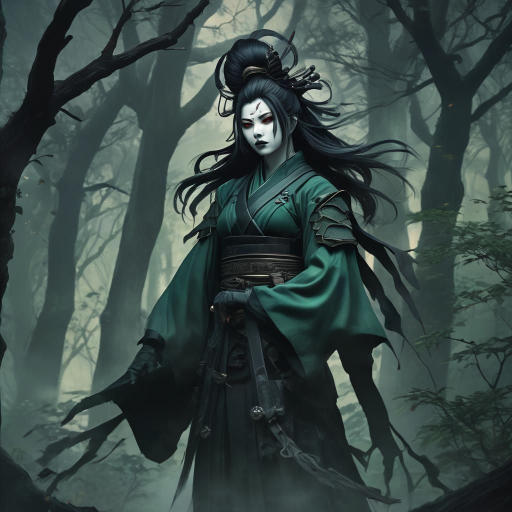 Gothic Kyoshi Warrior in a Dark, Mystical Forest