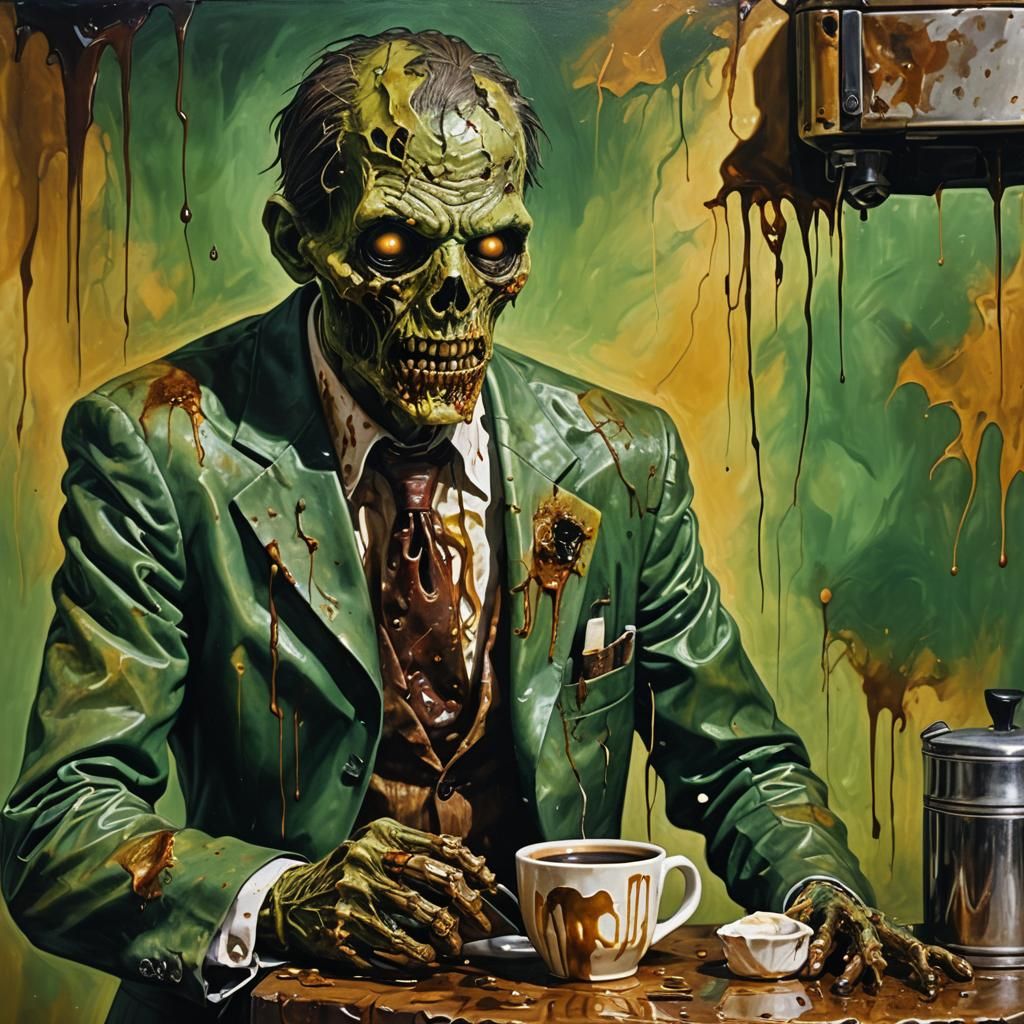 Decaying Zombie Brews Coffee in Surrealist Oil Painting