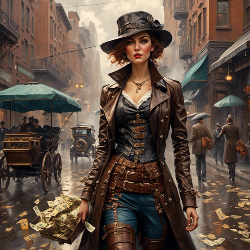Steampunk Woman in 1920s City with Raining Money