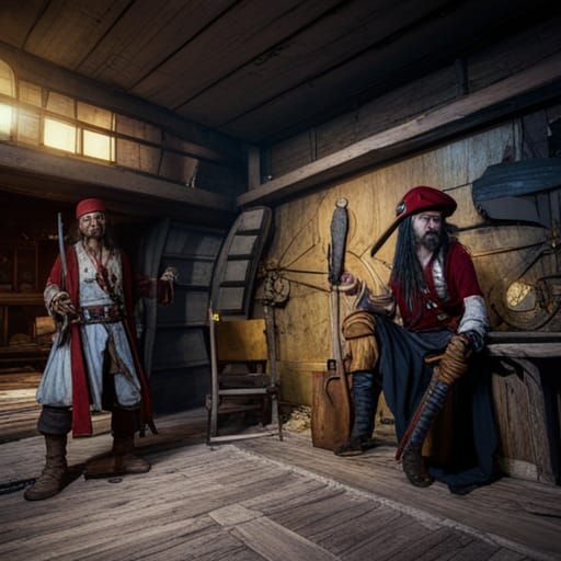 Pirates in a Fantastical Cave Hideout, Detailed Matte Painti...