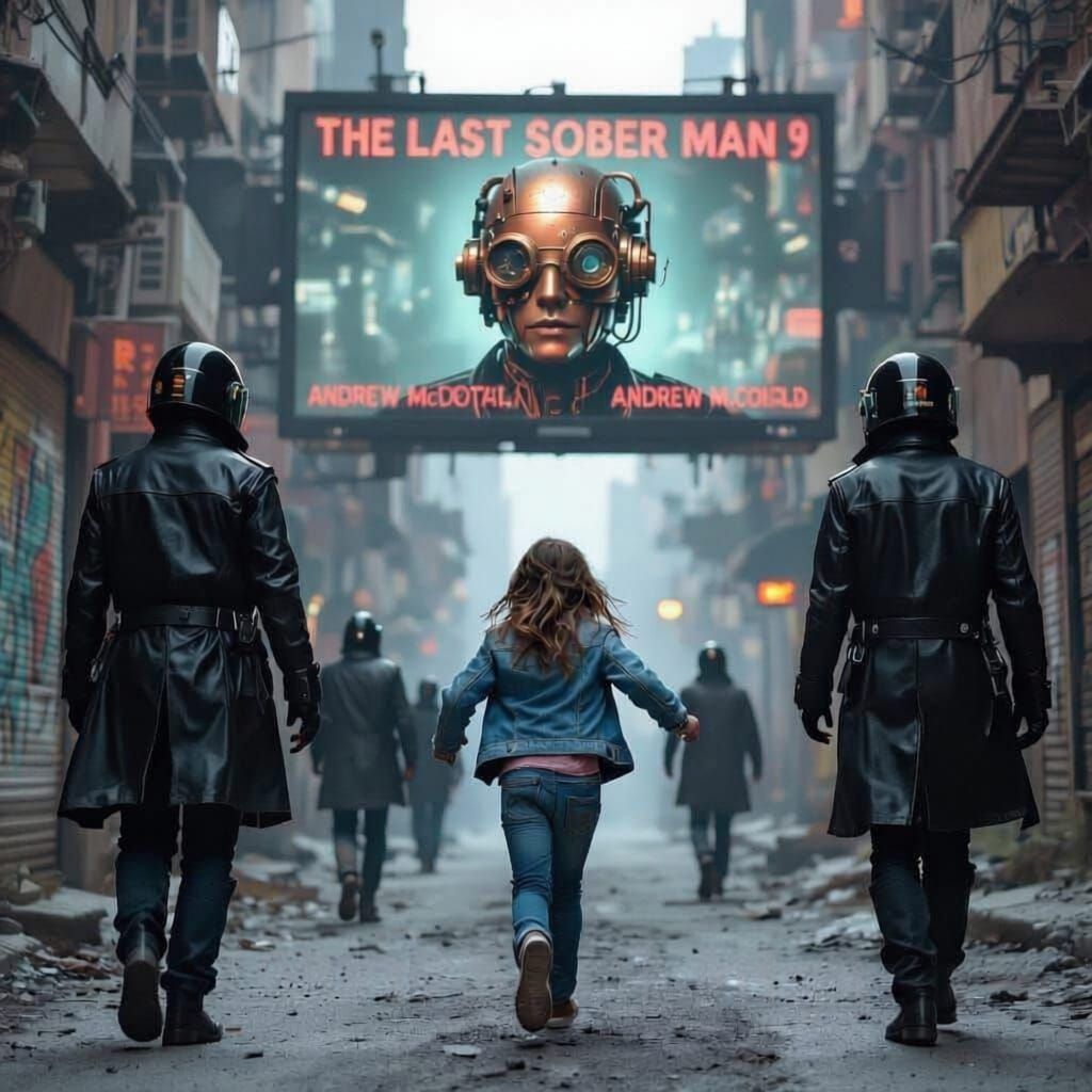 Dystopian Cityscape Chase: Girl Evades Sober Cops