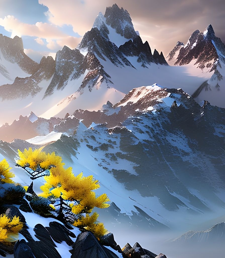 Snowy Mountains with Yellow Flowers: Oil Painting