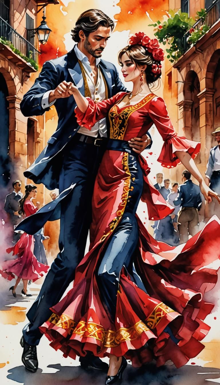 Dynamic Watercolor Flamenco Dancers in Traditional Costume