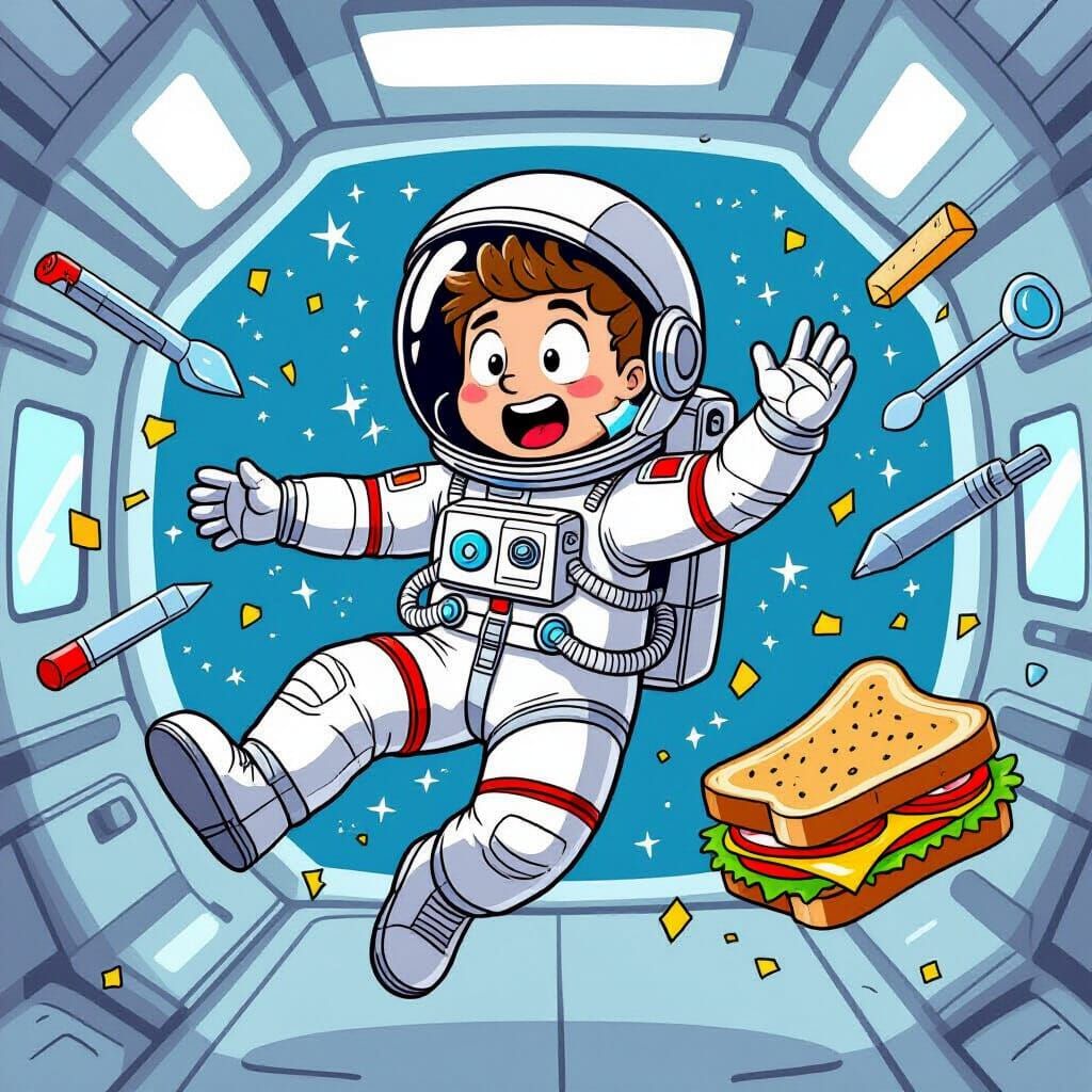 Astronaut's Surprised Face in Zero-G Mishap Illustration