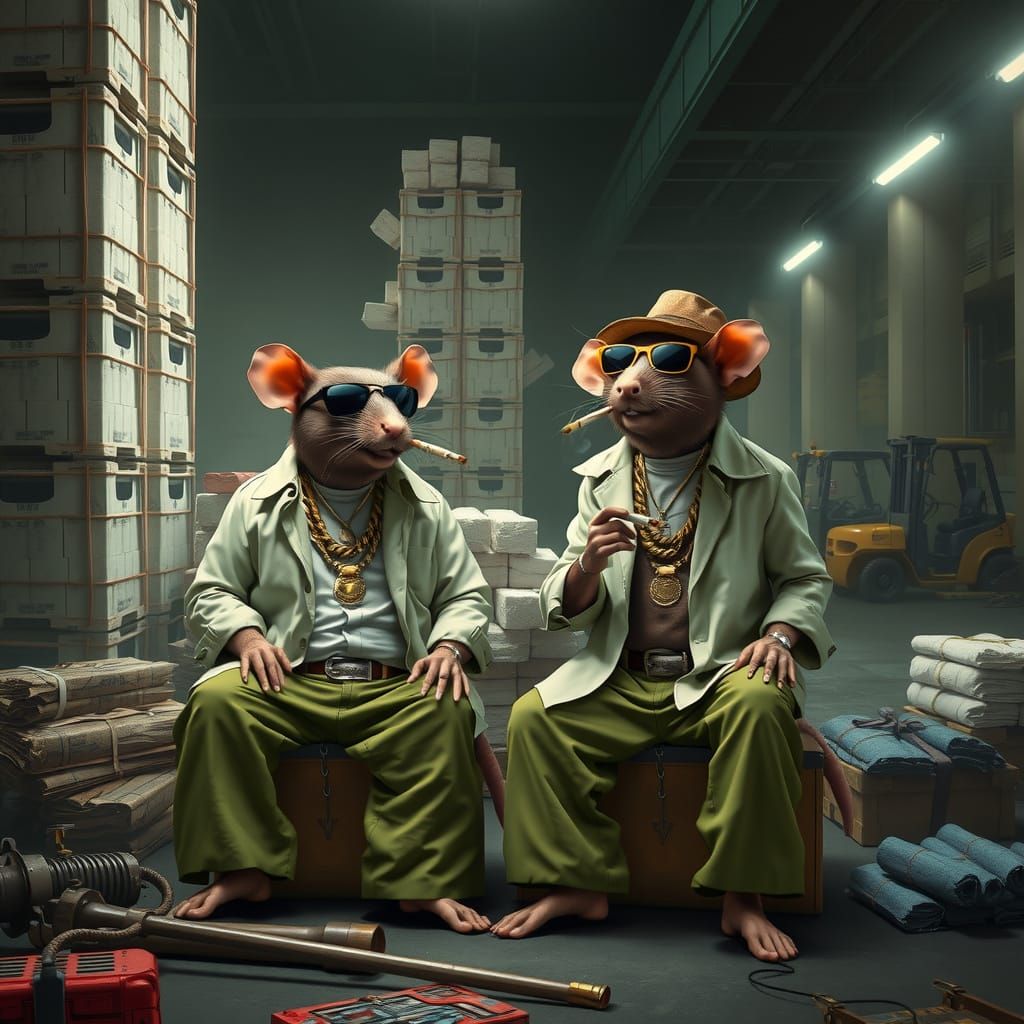 Gritty Gangster Rats in a Dimly Lit Warehouse