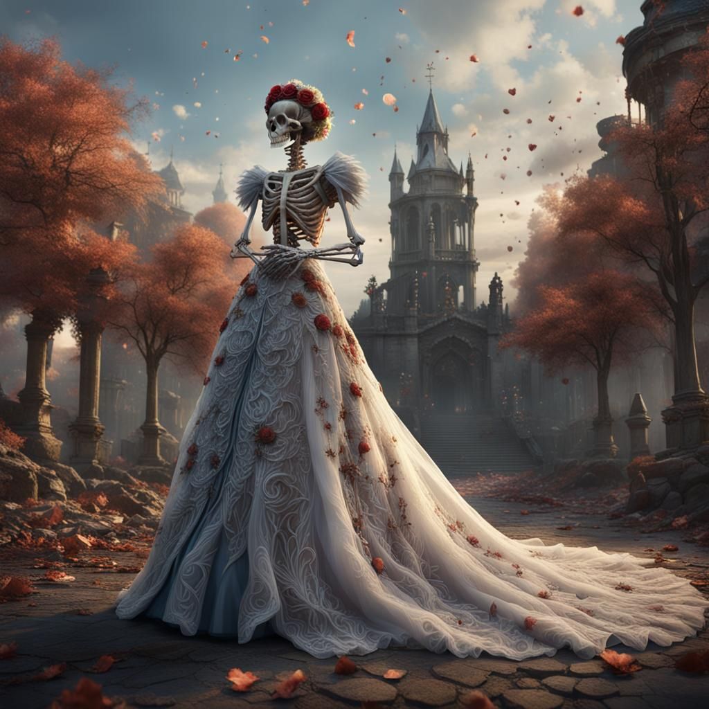 Heart Skeleton in Wedding Gown: Detailed Matte Painting