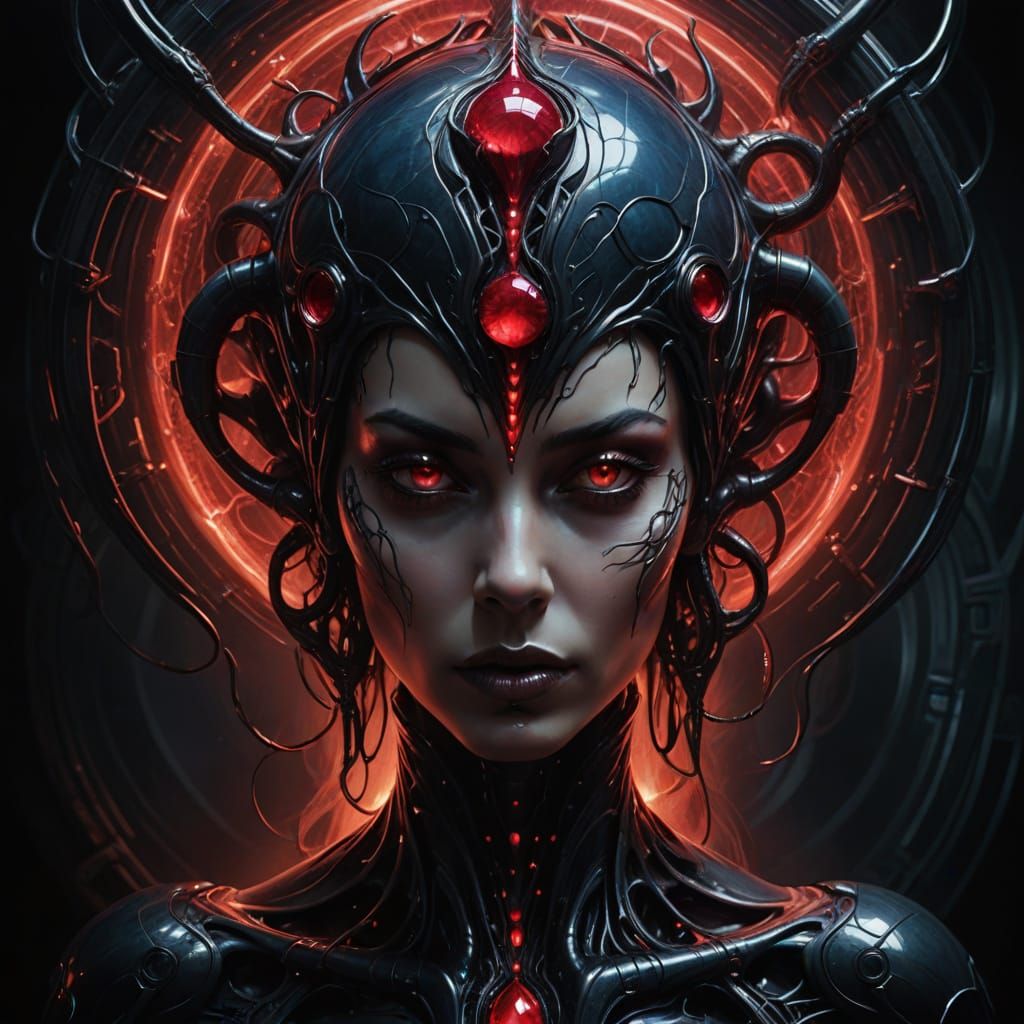 Ethereal Biomechanical Ruby Woman in Dark Futuristic Style