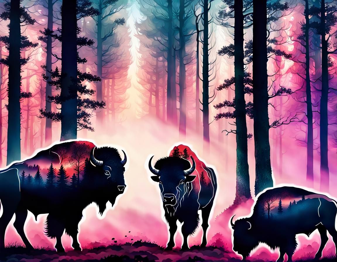 Fantasy Forest Bison Silhouette: Double Exposure Art
