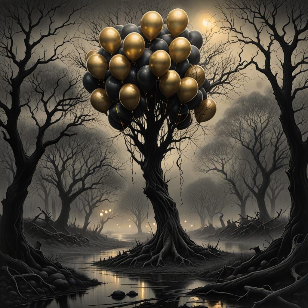 Golden Balloons in Dark Fantasy Landscape