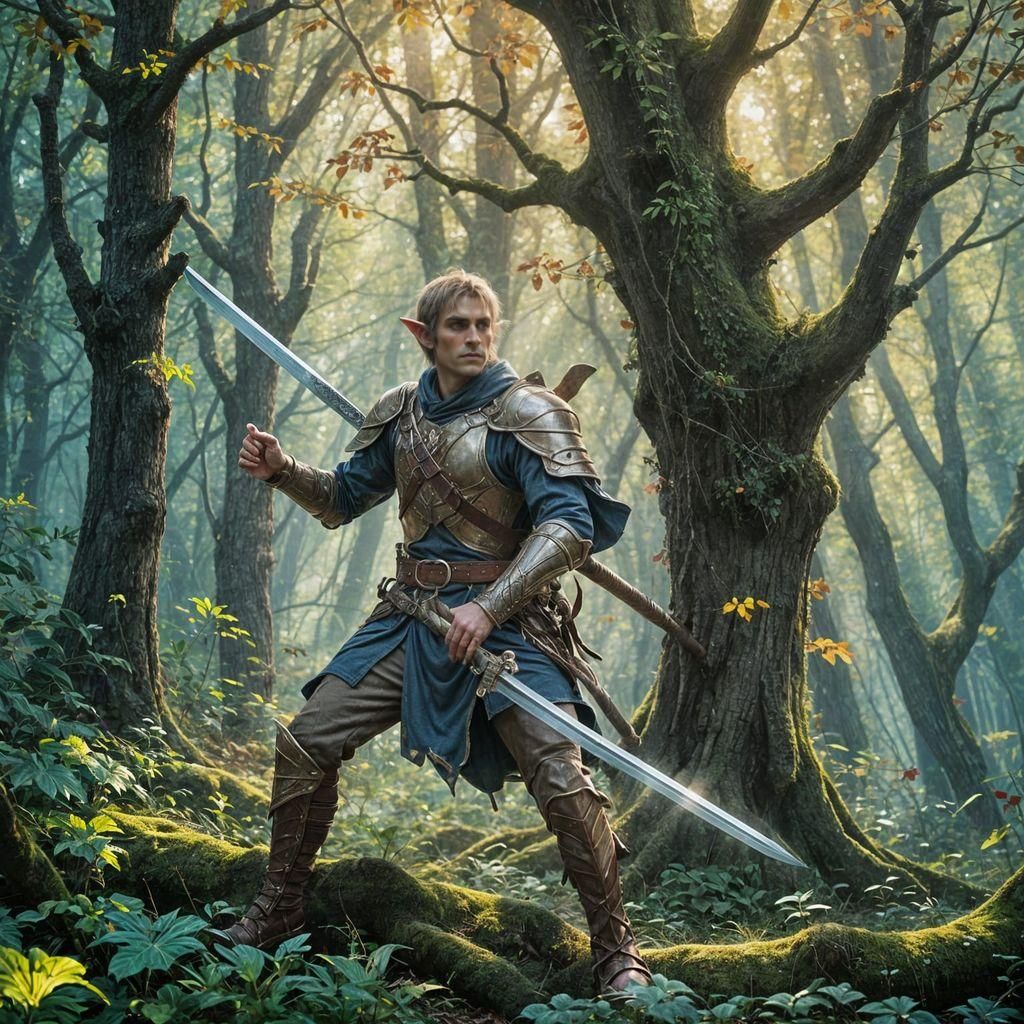 Elf Warrior with Broadsword in Enchanted Forest