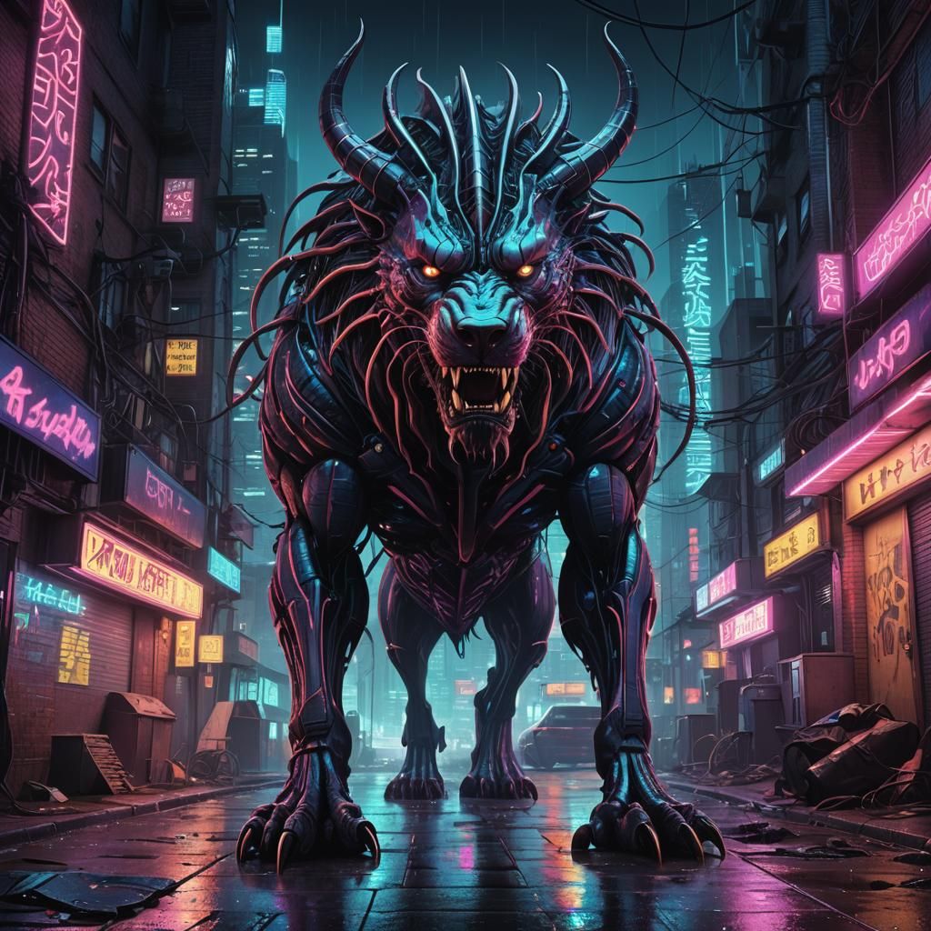 Cyberpunk Beast Devours Dogs in Neon City Alley