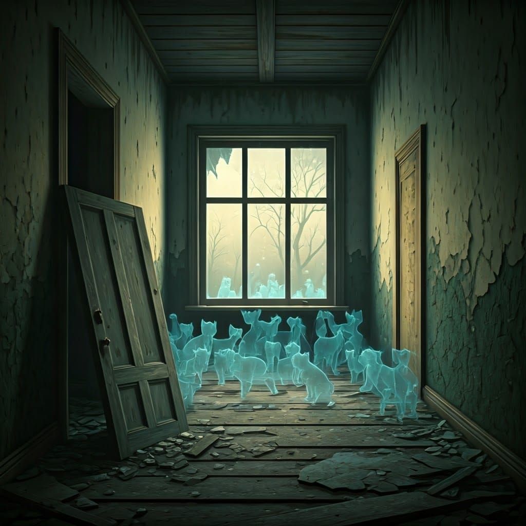 Ethereal Pets Inhabit Dilapidated House in Digital Art