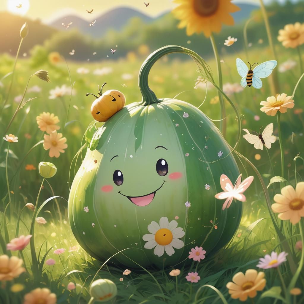 Kawaii Gourd Smiles in Anime-Style Pastel Meadow