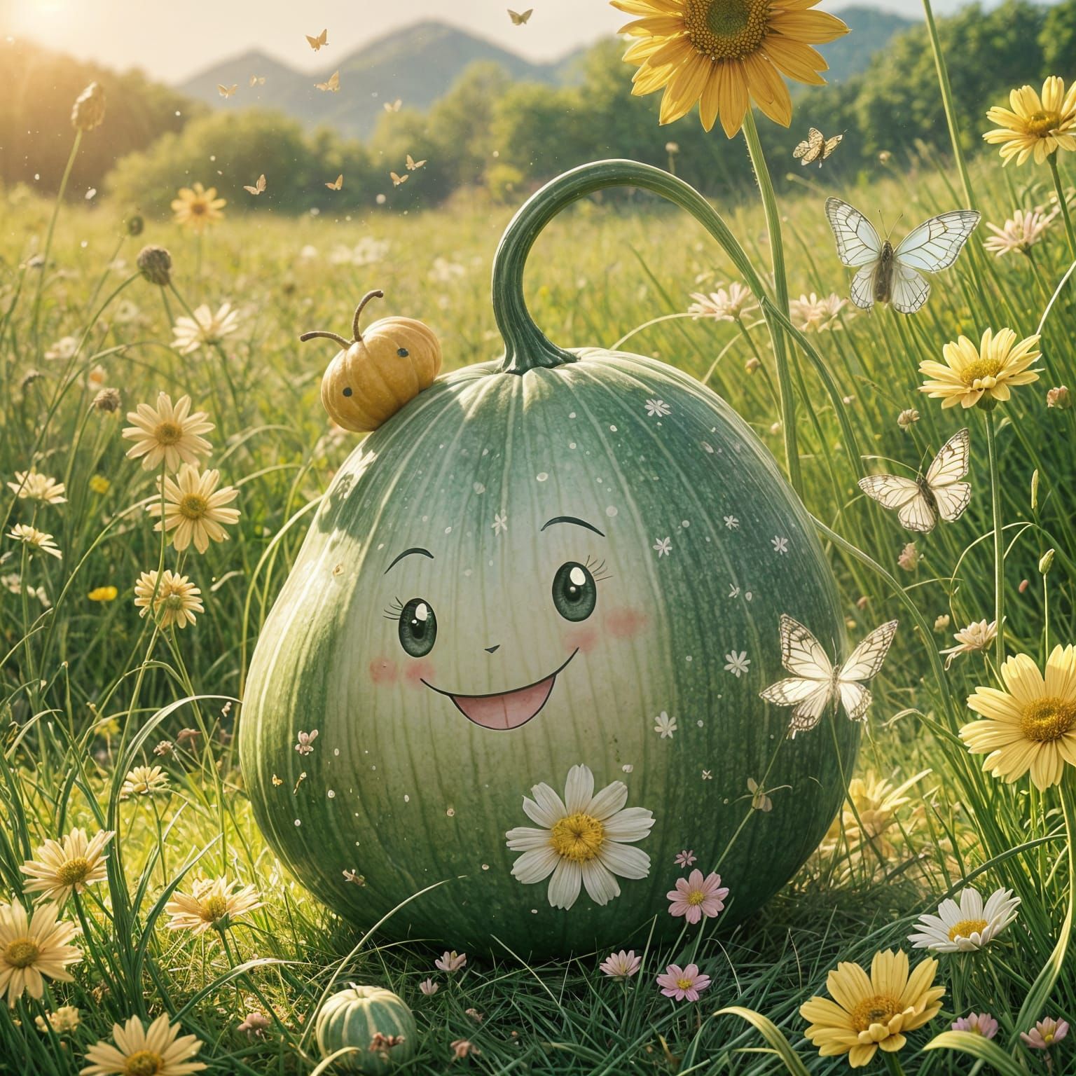 Kawaii Gourd Smiles in Sunny Anime Meadow
