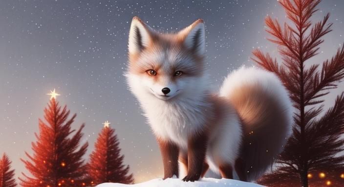 (brown fluffy Baby Artic Fox)on the snow (celestial red christmas trees with sparkles