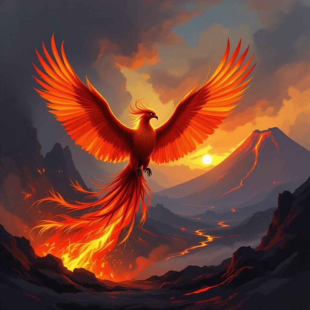 Majestic Phoenix Soaring Through Volcanic Landscape