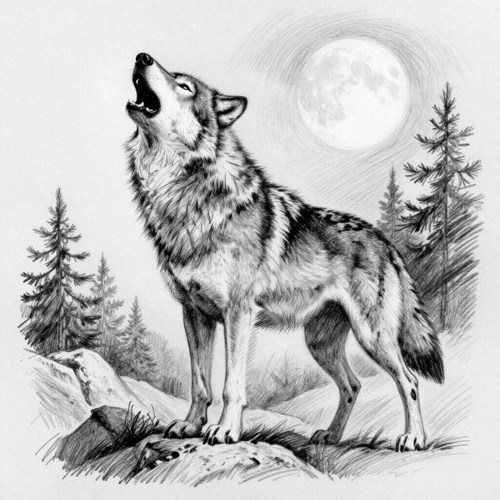 Majestic Wolf Howling at Moon Hand Drawn Illustration
