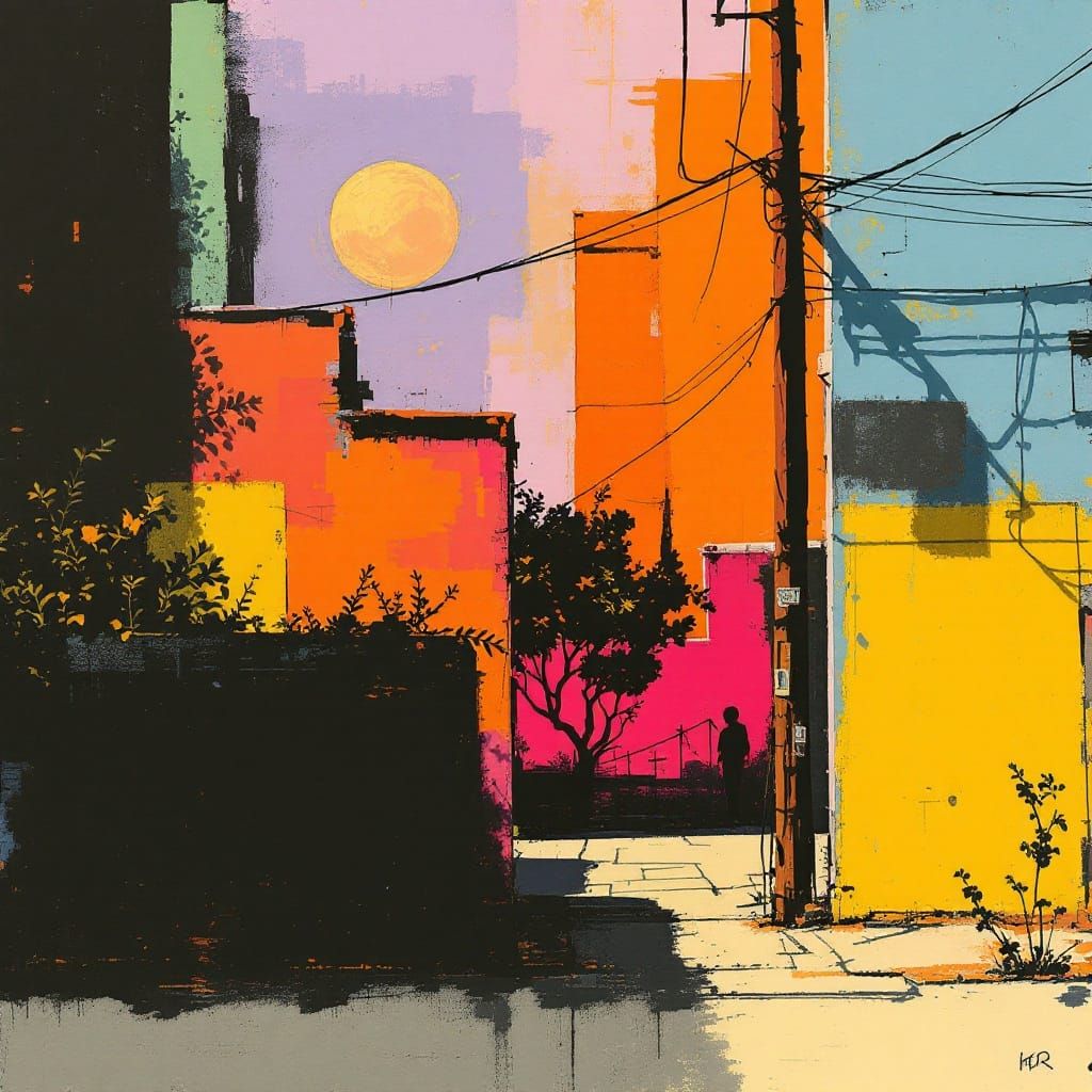 Expressive Street Scene in Basquiat-Blake-Schiele Style