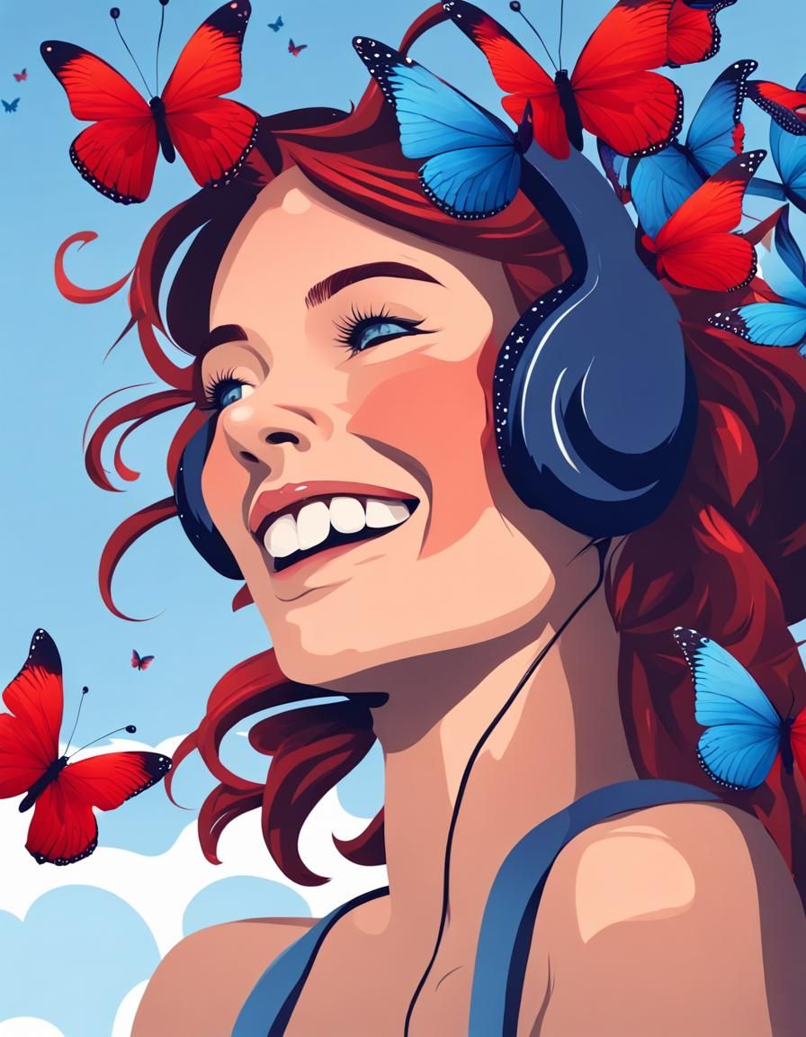Smiling Girl with Butterflies Talking on Phone