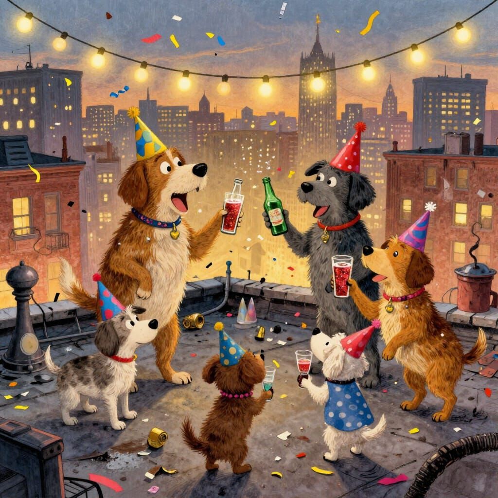 Dogs Celebrate New Year's Eve on City Rooftop