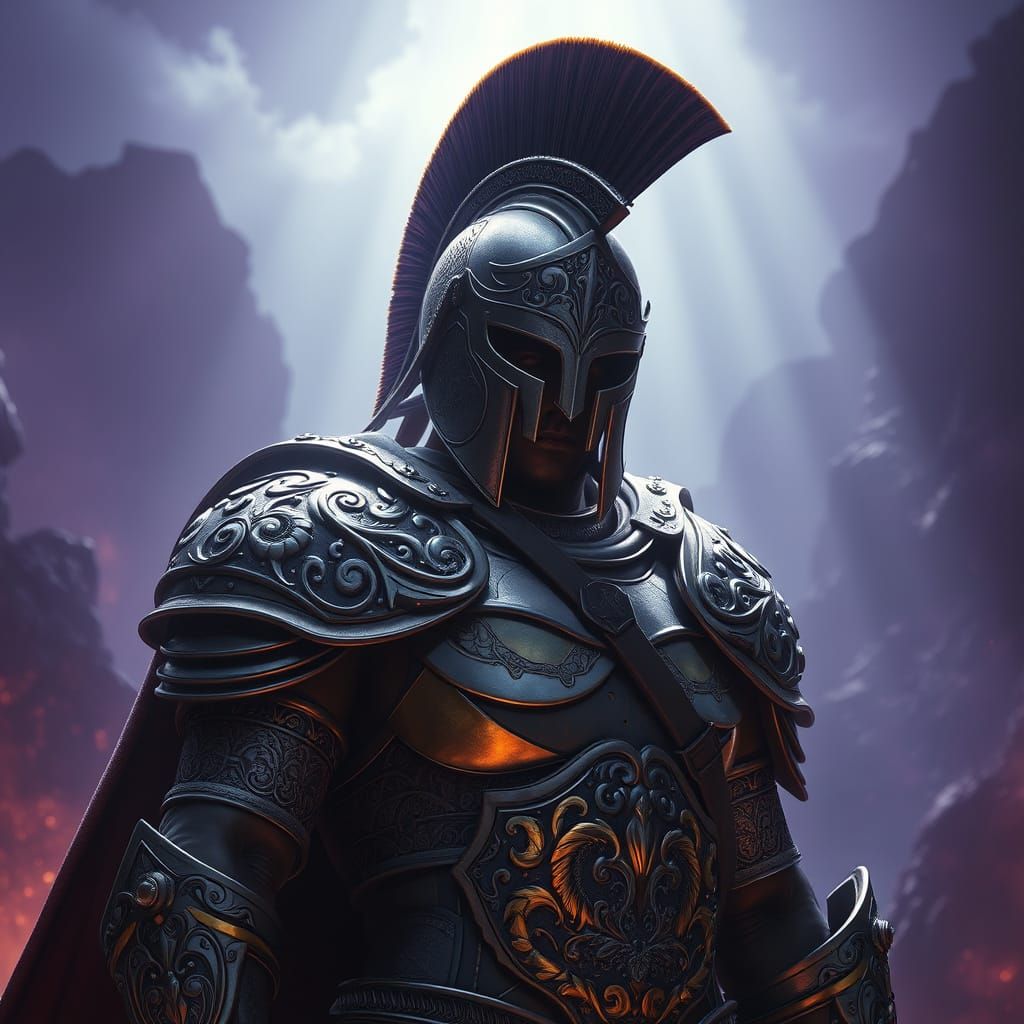 Ethereal Dark Fantasy Warrior in Ornate Art Nouveau Armor