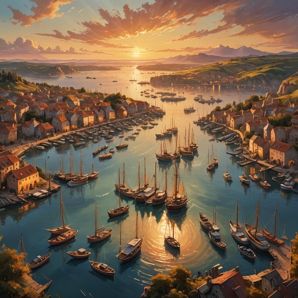 Fantasy Harbour Aerial View at Sunset: Oil Painting