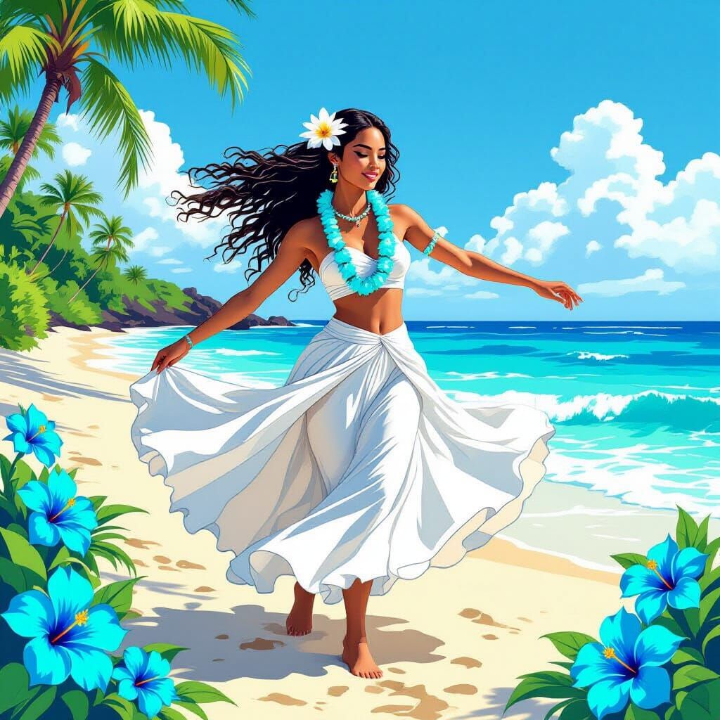 Turquoise Hula Dancer on Tropical Beach, Comic Book Style