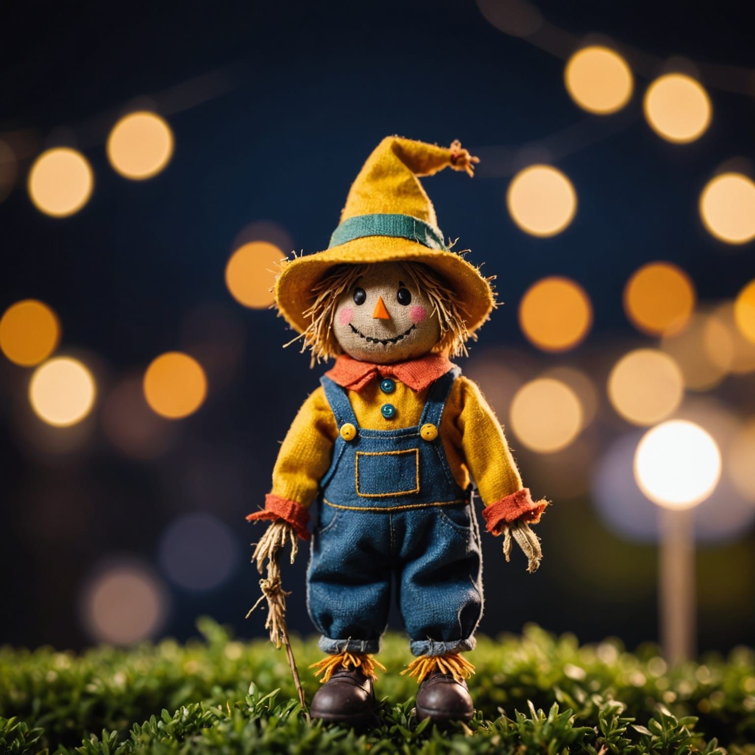 Cute Miniature Scarecrow with Bokeh at Night