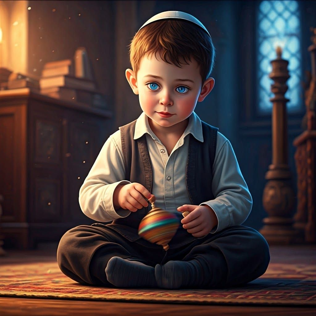 Chassidic Boy Spinning Dreidel in Vibrant Fantasy Scene