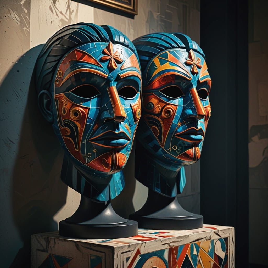 Greek Masks in Vibrant Oil Painting with Art Deco Patterns