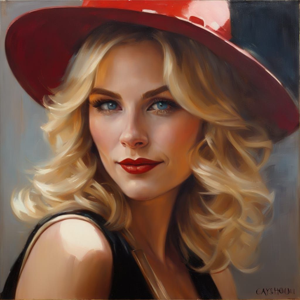 Smiling Blond Woman in Red Gown: Impressionistic Oil Portrai...