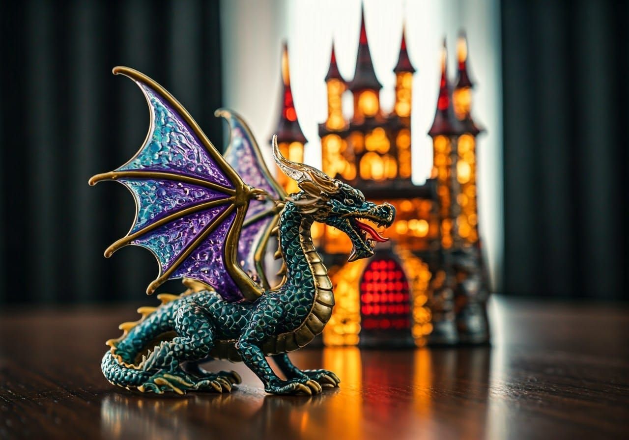 Enameled Glass Dragon and Castle: Digital Art