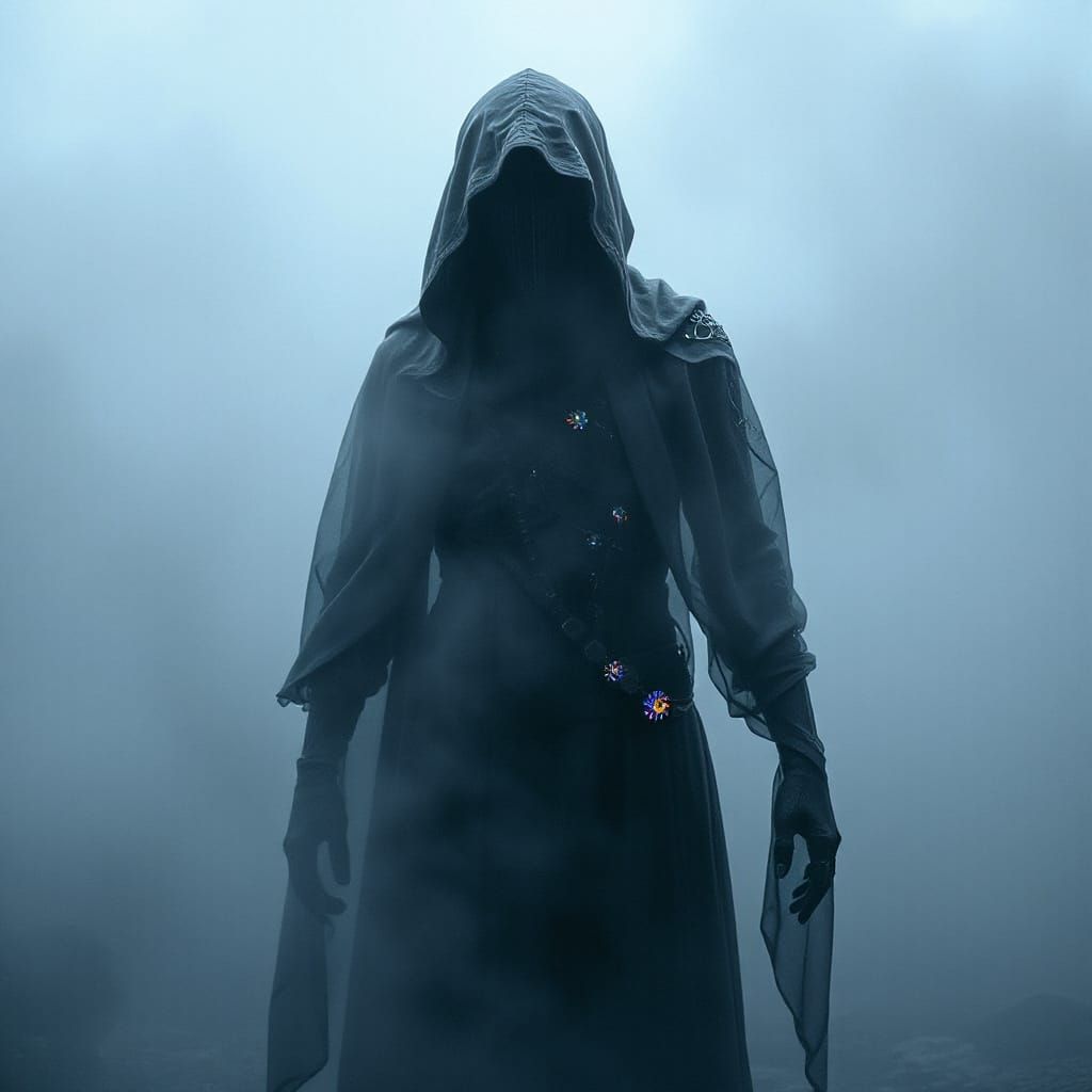 Ethereal Figure in Mist: A Futuristic Vision