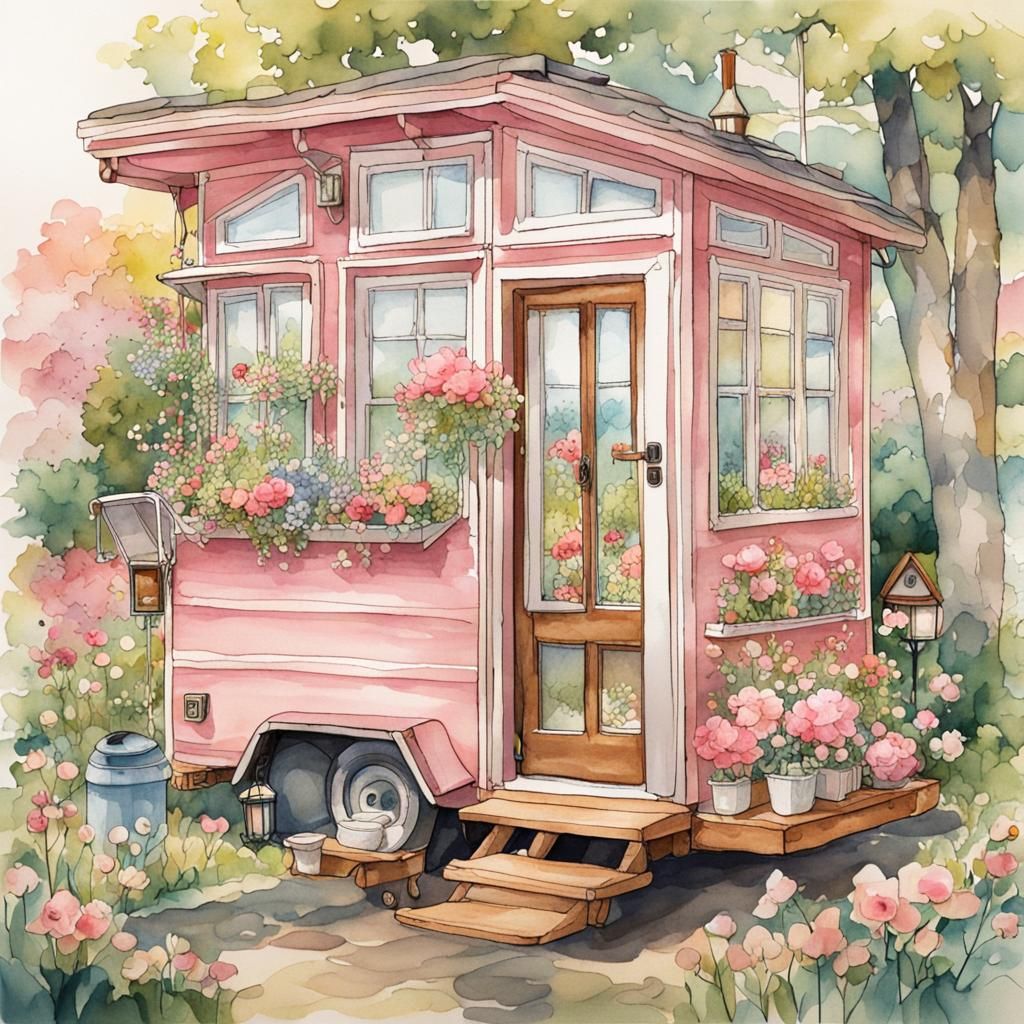 Pink Tiny House on Wheels: Watercolor Illustration