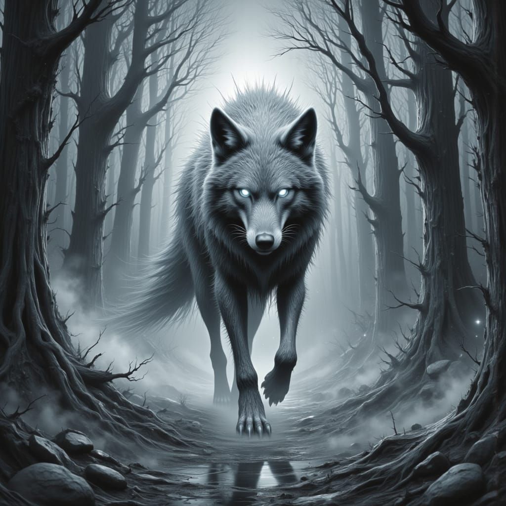 Spectral Wolf in Monochrome Mist Forest