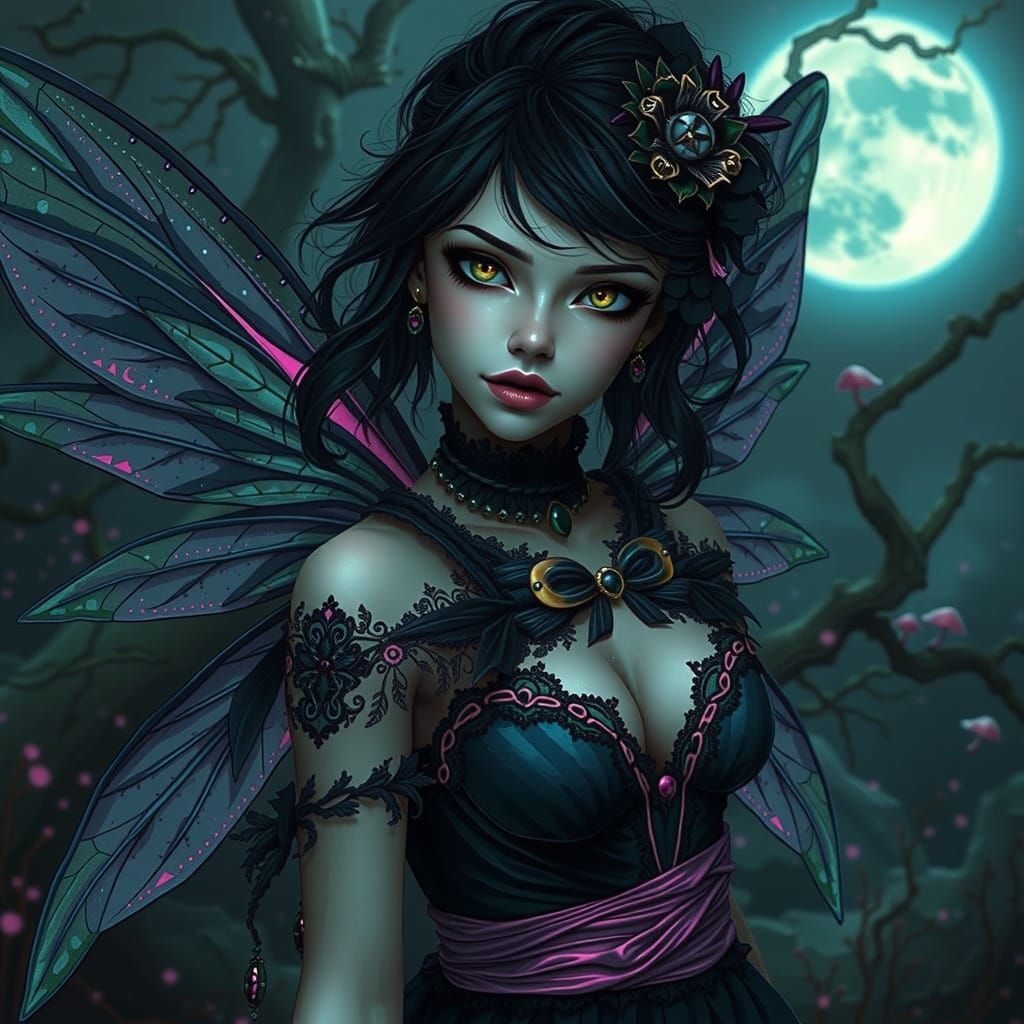 Gothic Fairy in a Whimsical Moonlit Forest