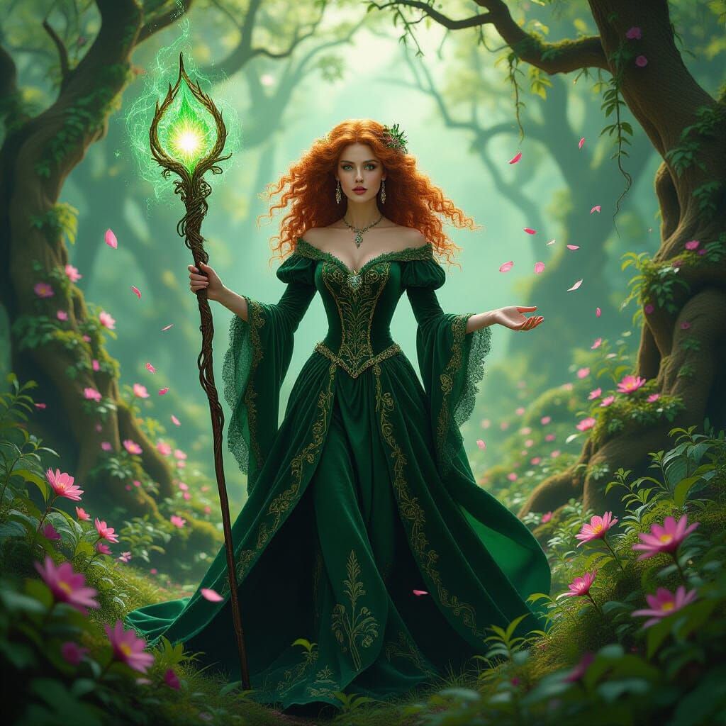 Victorian Sorceress Wielding Verdant Staff in Enchanted Fore...